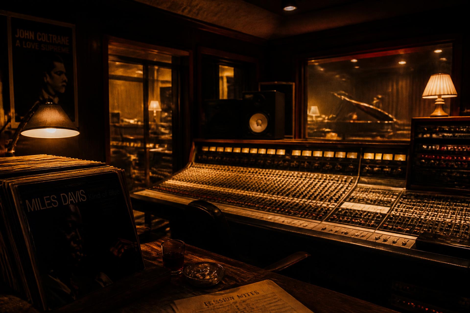 Analog console in the Mar-Kel Records control room at night